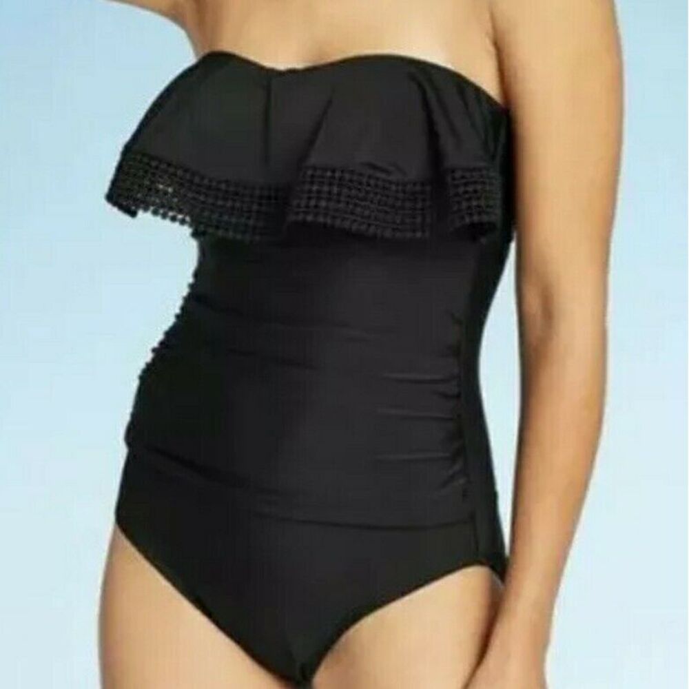 KONA SOL One Piece Swimsuit Size Small Crochet Flounce Bandeau Black New